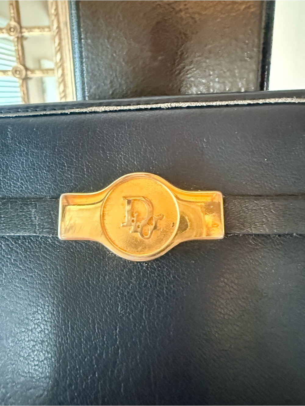 Vintage Christian Dior Navy Leather Shoulder Bag Clutch 1970s Plaque Logo - Picture 4 of 15